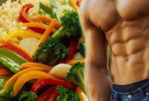 на картинке изображен торс мужчины и овощи