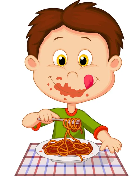 Мальчик ест спагетти — стоковый вектор