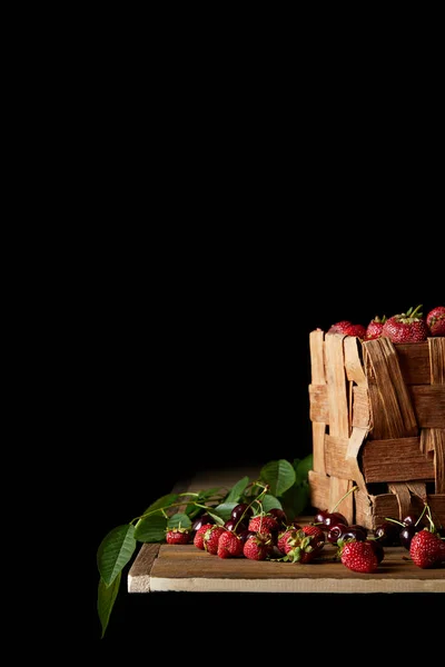 Ripe Cherries Strawberries Wooden Tabletop Black — стоковое фото